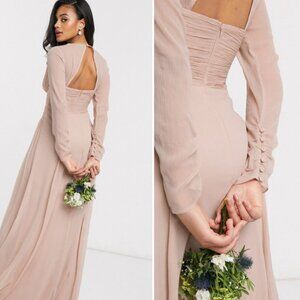 ASOS DESIGN Bridesmaid ruched waist maxi dress with long sleeves and pleat skirt